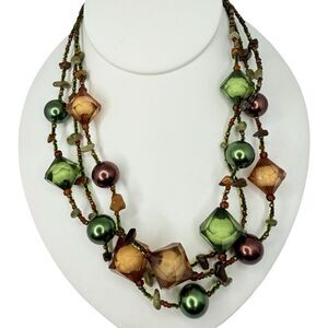 Vintage Green & Brown Glass Beaded Layered Statement Necklace 20" Bohemian Boho
